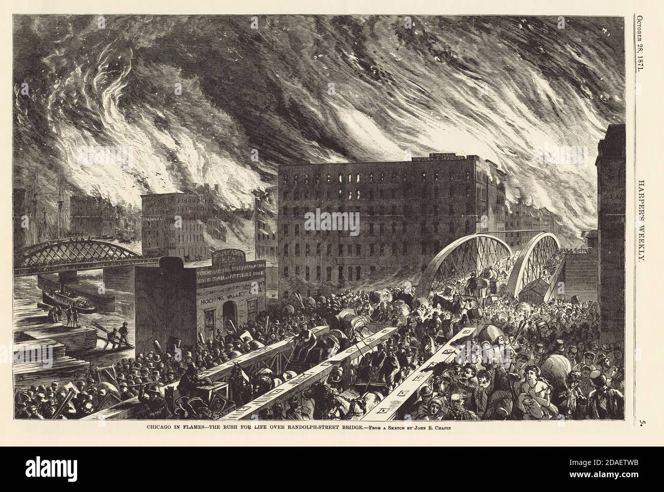 Illustration de la foule de personnes essayant de s'échapper au-dessus du pont de Randolph Street pendant le feu de Chicago de 1871. De Harper's Weekly. Banque D'Images
