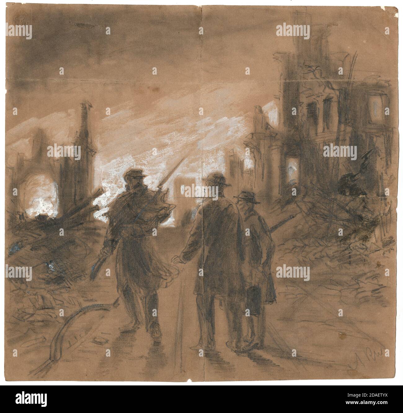 Dessin par Alfred Rudolph Waud d'un soldat en service de garde face à deux Chicagoans pendant le feu de Chicago de 1871. Banque D'Images