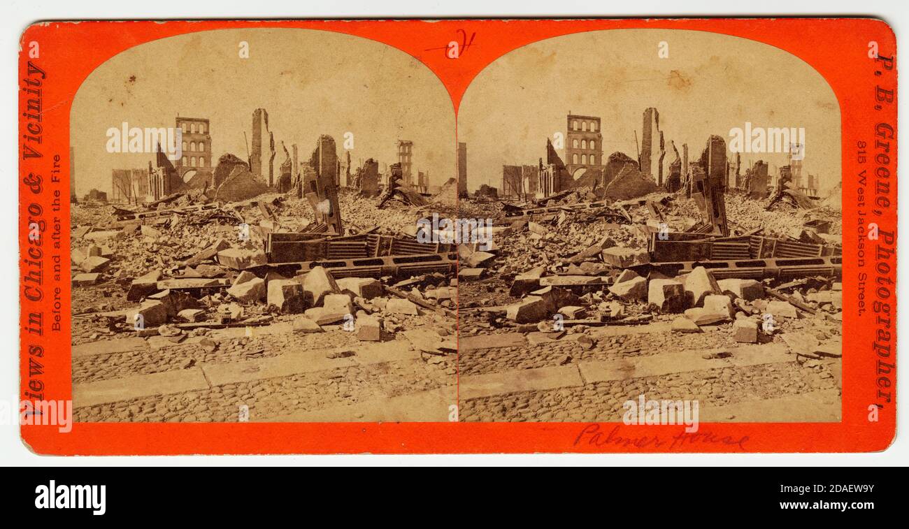 Vue sur les ruines de l'hôtel Palmer House après le feu de Chicago de 1871. Banque D'Images
