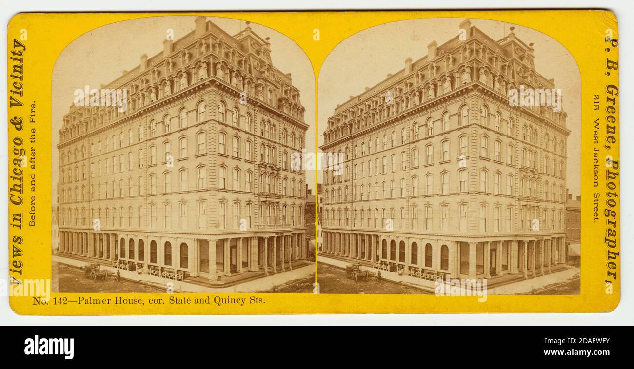 Stéréographe de la maison Palmer au coin de la rue State et de la rue Quincy, avant le feu de Chicago de 1871. Banque D'Images