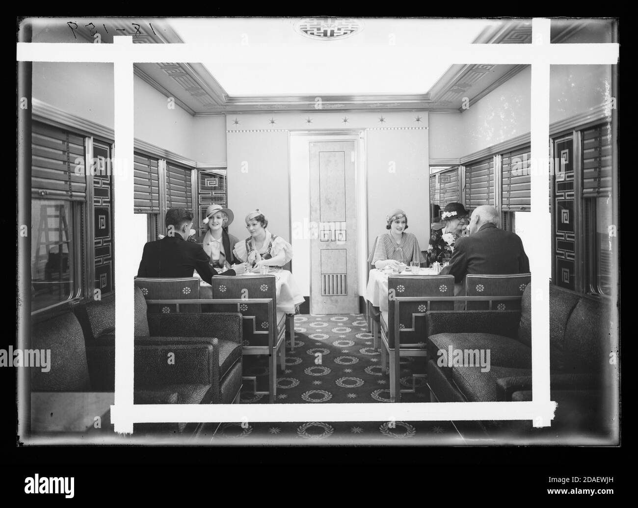 Détail de la salle à manger en voiture en aluminium nommée George M. Pullman, exposé au siècle du progrès à Chicago en 1933. Banque D'Images