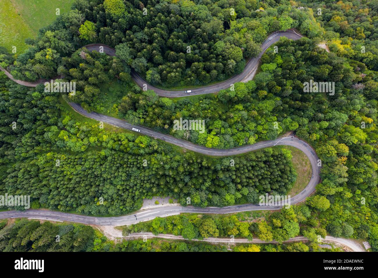 Vue aérienne d'une route de campagne sinueuse passant par la forêt verte et la montagne. Des camping-cars blancs passent. Banque D'Images