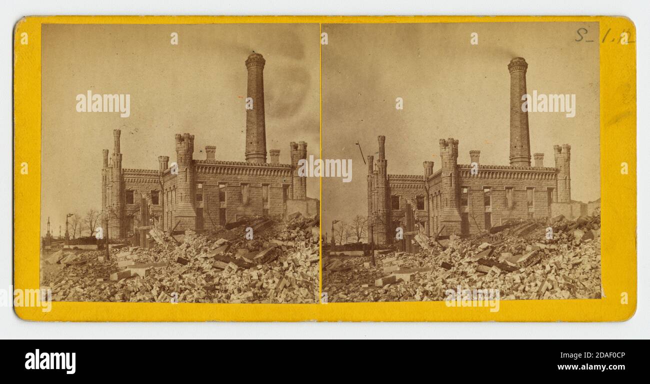 Travaux d'eau sur les ruines de Lill's Brewery, Chicago, Illinois, 1871. Banque D'Images