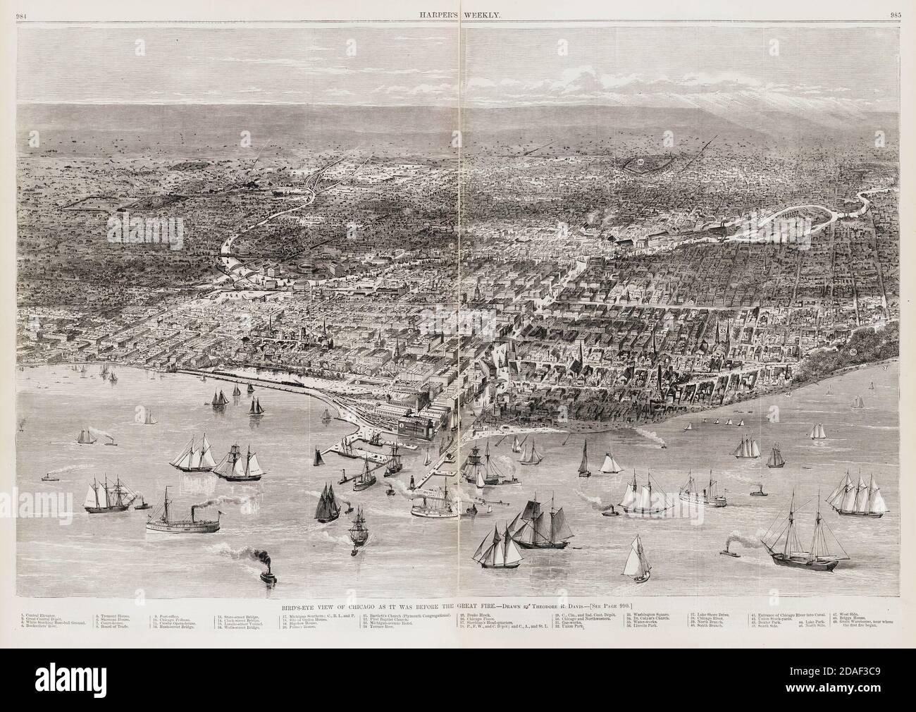 Image composite des pages 984 et 985 de la Harper's Weekly, le 21 octobre 1871, représentant Chicago avant le Grand Chicago Fire de 1871. Banque D'Images
