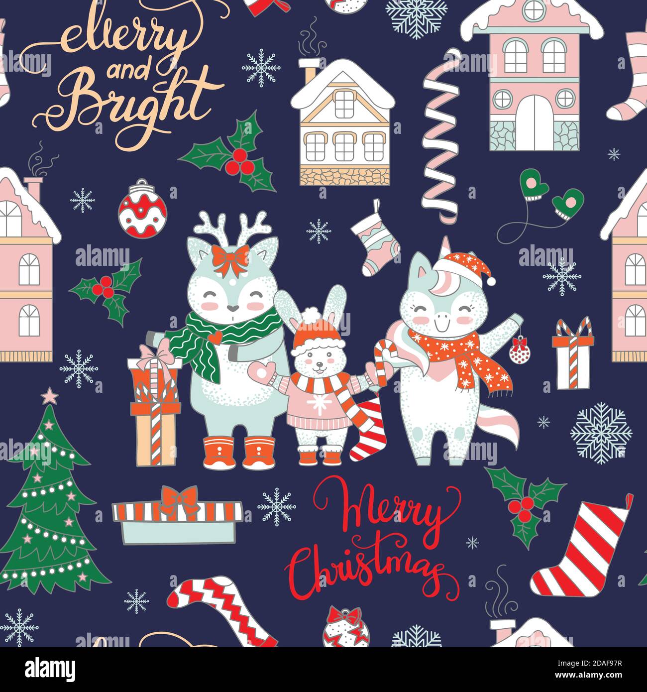 Motif vectoriel sans couture animaux de Noël joyeux bleu Illustration de Vecteur