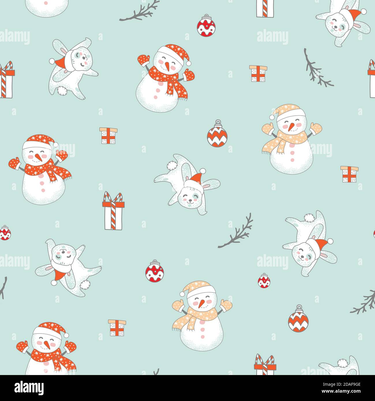 Motif vectoriel sans couture lapin et bonhomme de neige Merry Christmas Illustration de Vecteur