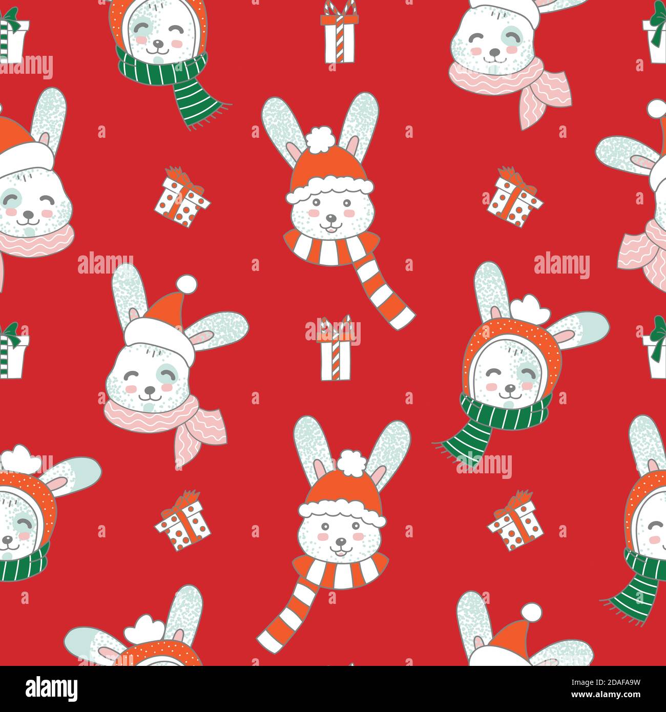 Motif sans couture vectoriel lapins de Noël joyeux sur rouge Illustration de Vecteur