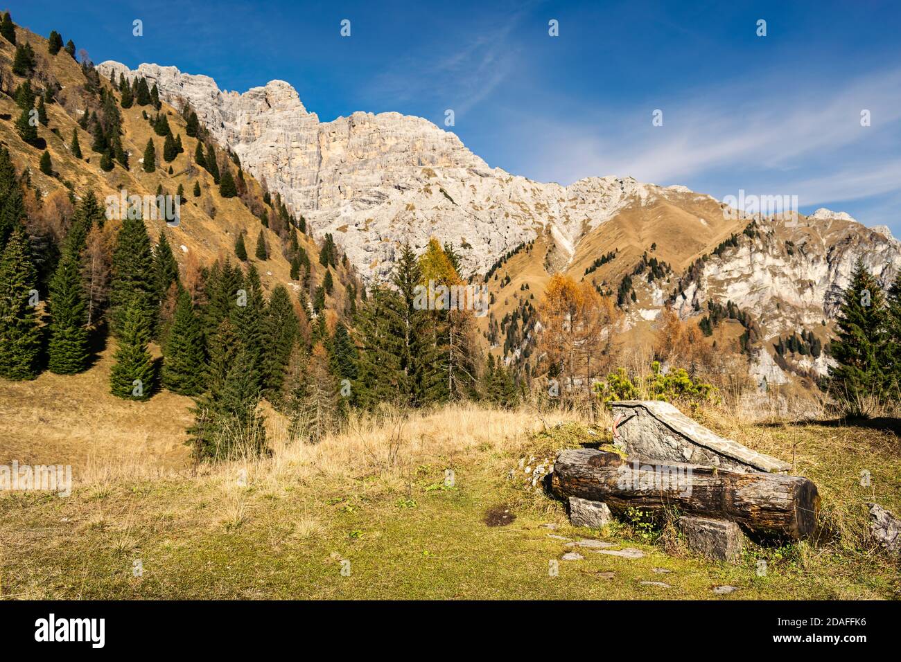 Panorama avec ciel bleu, montagnes rocheuses et pentes bordées d'arbres. Sass de Mura et Monte Alvis. Au premier plan une fontaine en bois. Cesiomaggiore, Bellu Banque D'Images