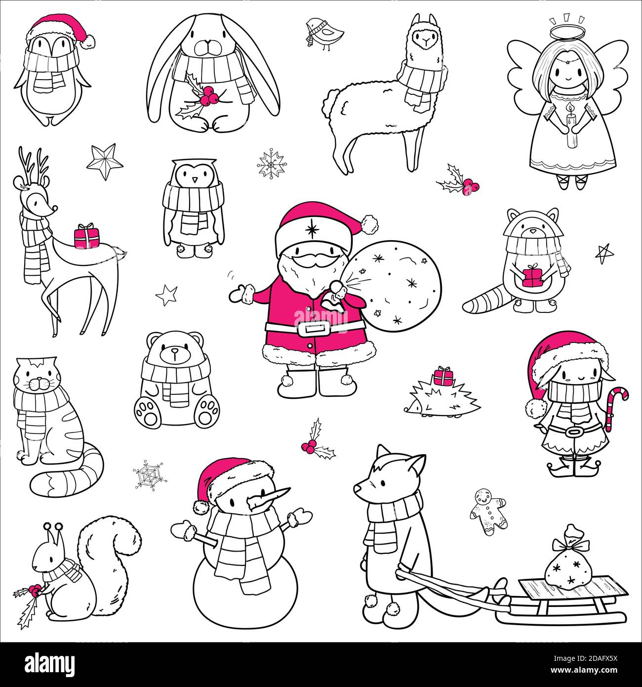 Ensemble animaux et personnages de Noël. Illustration vectorielle de l'effet de coolé dessinée à la main. Santa, elfe, bonhomme de neige, ange, chat, raton laveur, ours, écureuil, lapin Illustration de Vecteur
