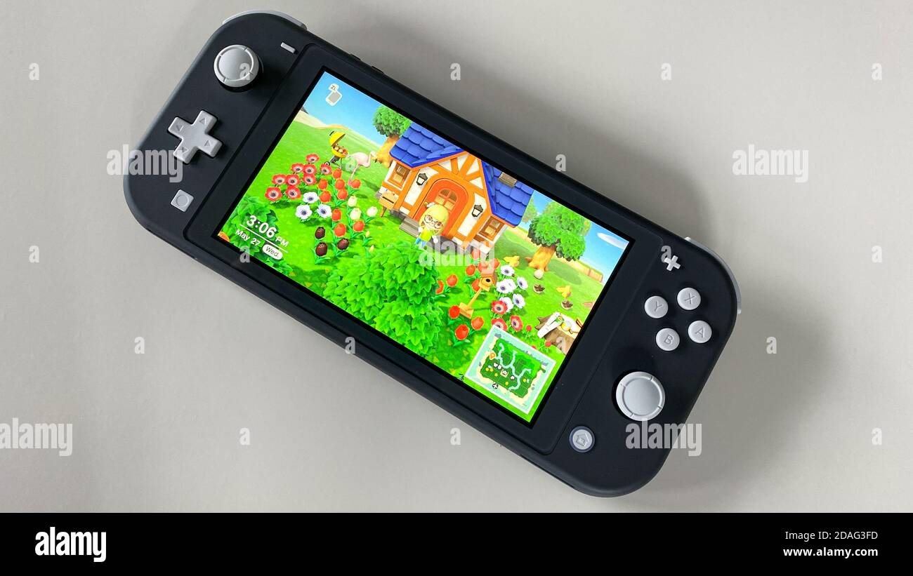 Orlando,FL/USA -5/27/20: Une Nintendo Switch Lite avec le jeu Animal Crossing New Horizons qui s'y exécute. Banque D'Images