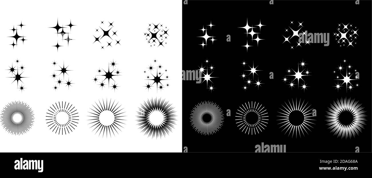 Étoiles scintillantes et icônes de rayons de soleil. Symboles de Noël isolés. Éléments de conception pour cartes de vœux, invitations, prospectus. Vecteur sur transparent et Bla Illustration de Vecteur