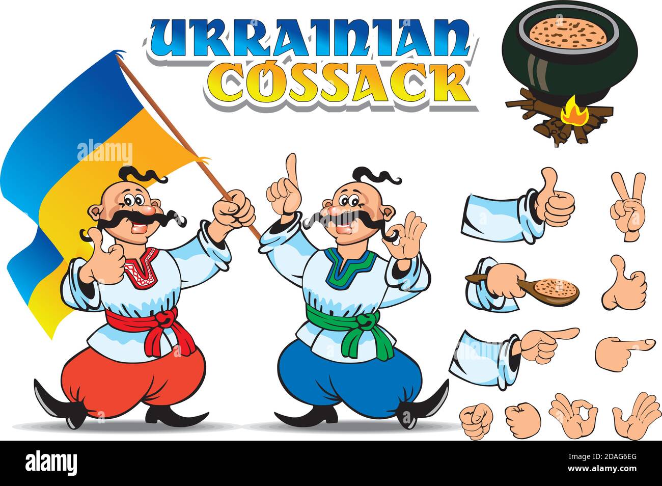 Cosaque ukrainien en vêtements ethniques. Ensemble de gestes, parties du corps, le drapeau de l'Ukraine, illustration vectorielle facilement modifiable Illustration de Vecteur