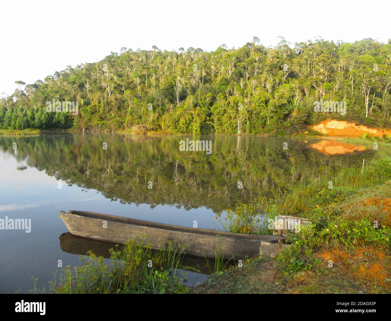 Petit bateau en bois de pêcheur local a marché sur terre dans un petit étang juste après le lever du soleil, Madagascar, Parc national d'Andasibe Mantadia Banque D'Images