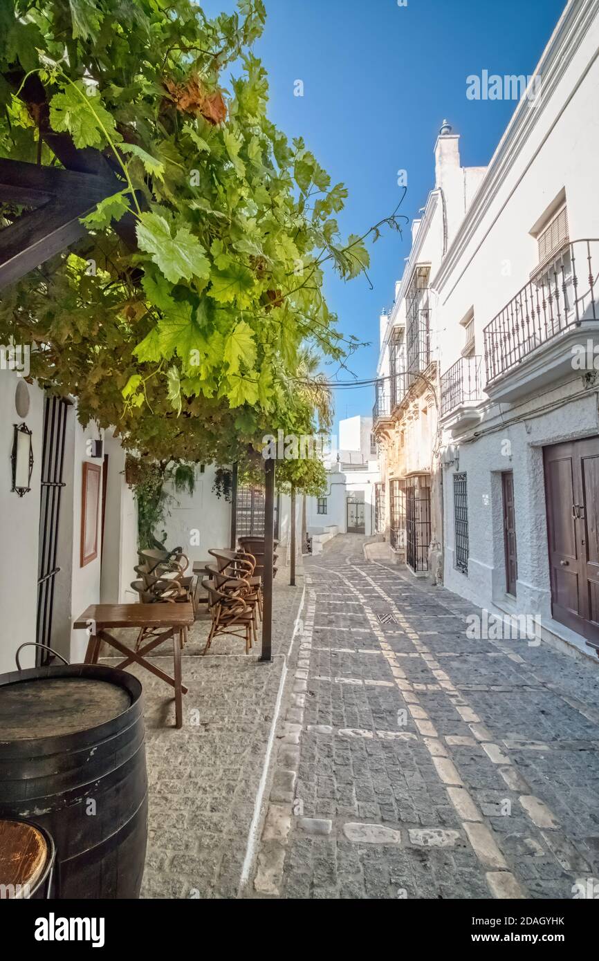 Rue pittoresque de Vejer de la Frontera, un des plus beaux villages blancs de la province de Cadix, Andalousie, Espagne Banque D'Images