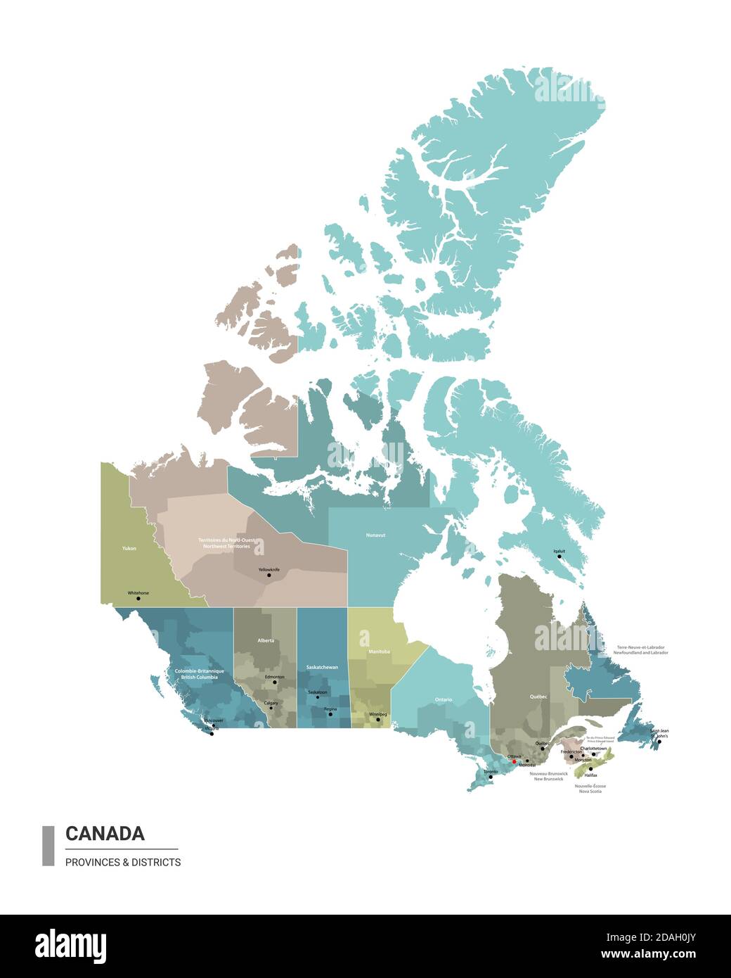 Carte détaillée de l'higt du Canada avec subdivisions. Carte administrative du Canada avec le nom des districts et des villes, colorée par les États et le district administratif Illustration de Vecteur