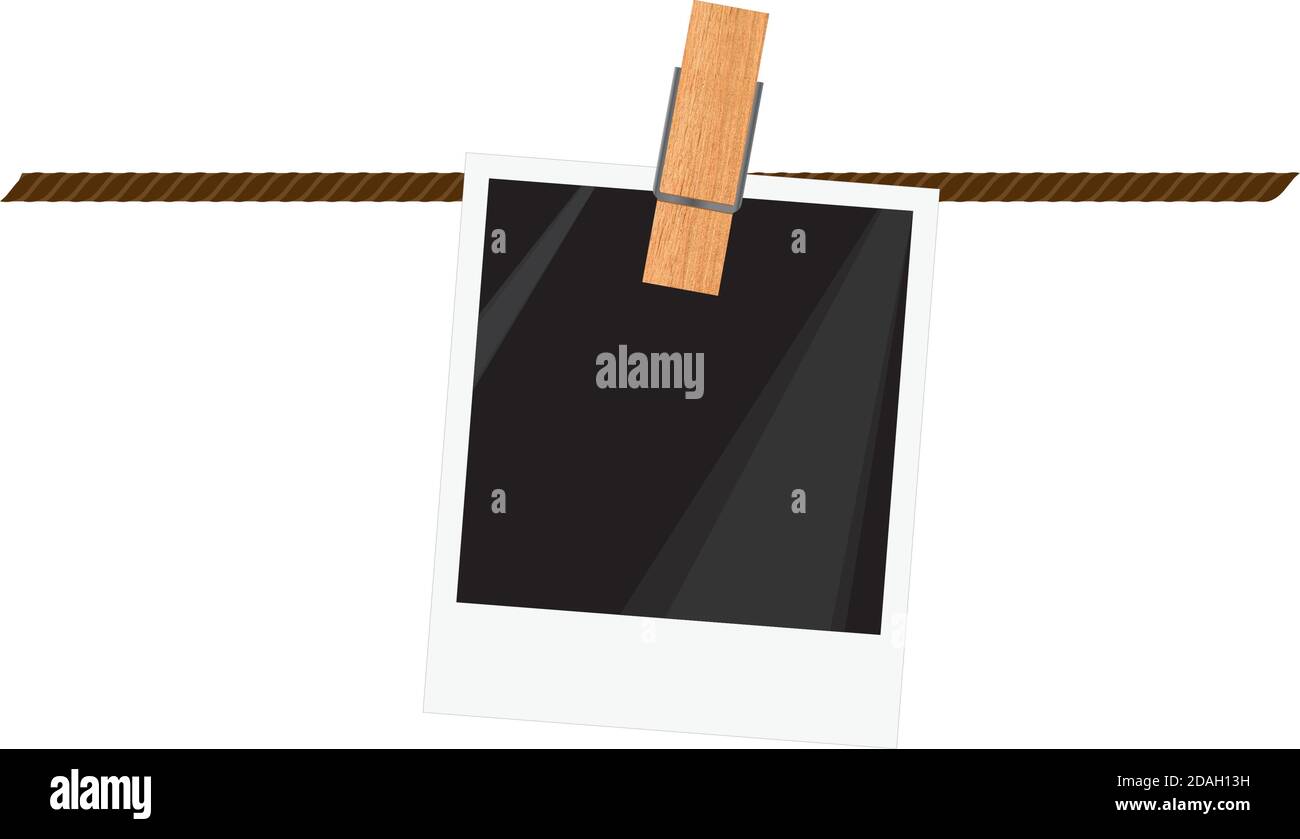 Illustration vectorielle d'une diapositive vide du cadre photo instantané accroché à une corde avec une corde à linge en bois sur fond blanc Illustration de Vecteur