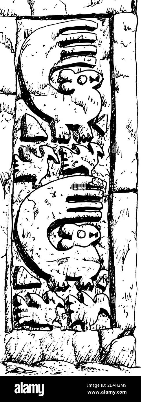 Animaux sculptés sur des murs de boue dans le site archéologique de Chan Chan. Capitale de la civilisation pré-inca Chimu au Pérou. Dessin à l'encre. Banque D'Images