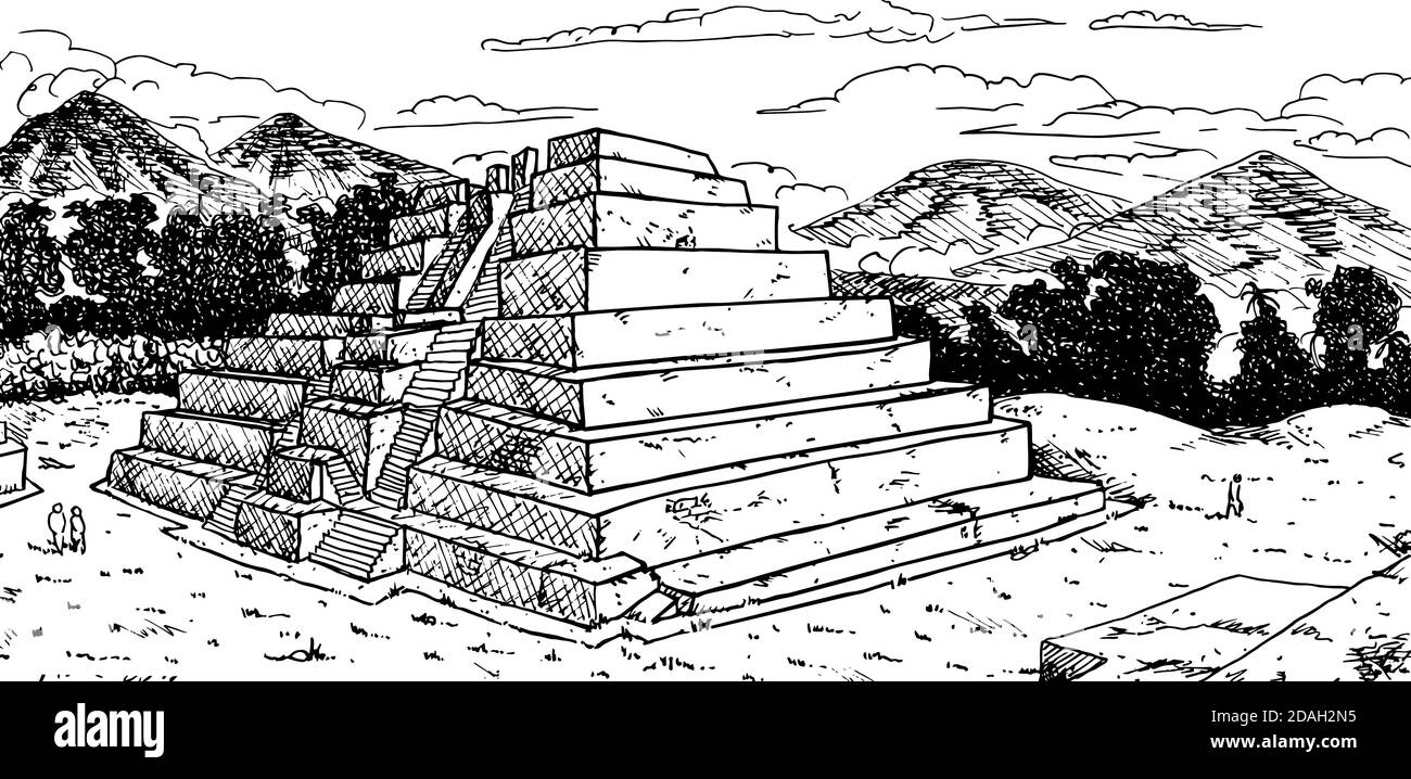 Temple-pyramide de style talud-tablero et escalier double à la ville maya de Zaculieu. Un site archéologique pré-colombien au Guatemala. Dessin à l'encre. Banque D'Images Temple-pyramide de style talud-tablero et escalier double à la ville maya de Zaculieu. Un site archéologique pré-colombien au Guatemala. Dessin à l'encre. Banque D'Images