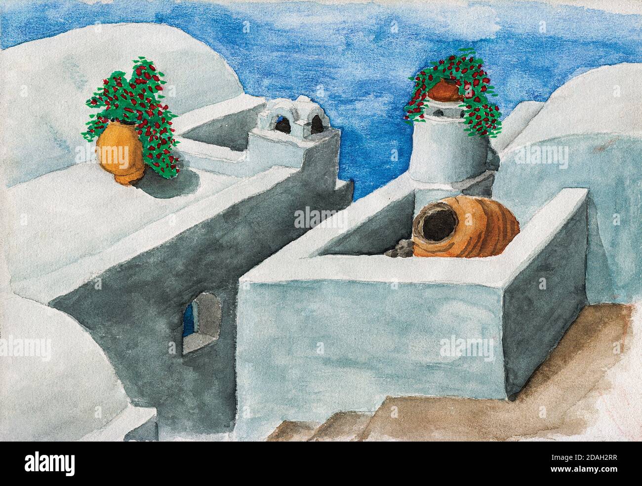 Toits blanchis à la chaux avec des fleurs et une allée provenant de maisons typiques de Santorini. Une île volcanique dans la mer Égée, dans le sud de la Grèce. Aquarelle. Banque D'Images