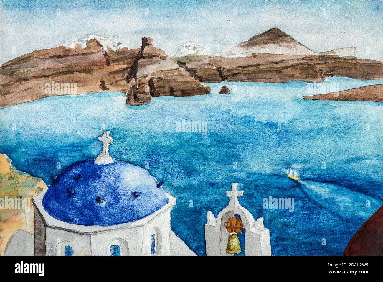Dôme bleu typique et cloche de l'église orthodoxe de l'île de Santorini. Une île volcanique dans la mer Égée, dans le sud de la Grèce. Aquarelle. Banque D'Images