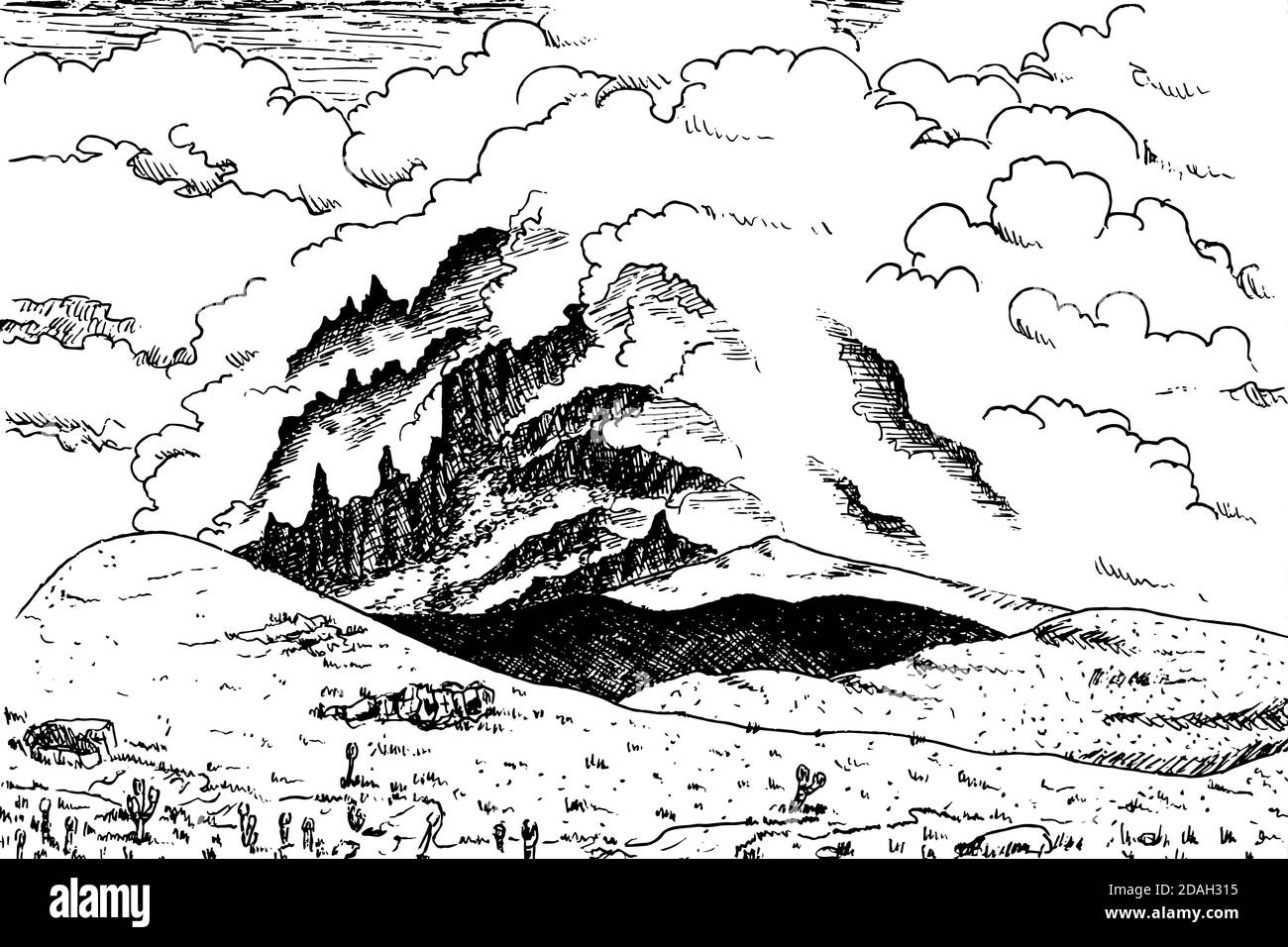 Cône volcanique secondaire au mont Kilimanjaro sur un paysage rocheux. Ce volcan en sommeil tanzanien est la plus haute place d'Afrique. Dessin à l'encre. Banque D'Images