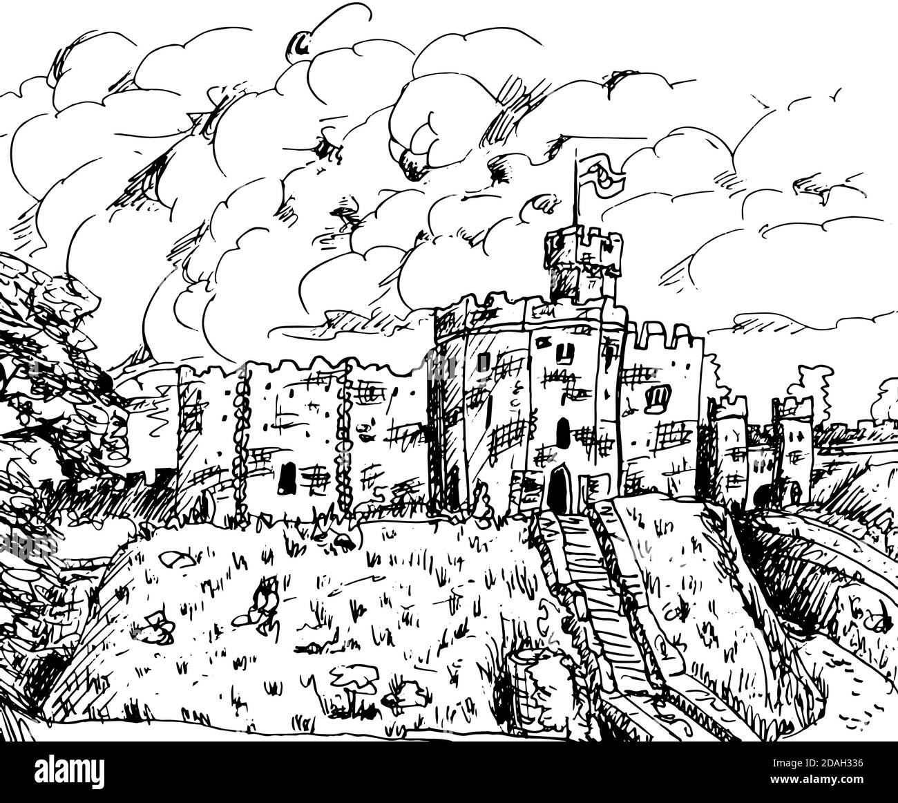 Tours et murs en pierre avec des merlons dans un château au sommet d'une colline. Dans la campagne du pays de Galles, Royaume-Uni. Dessin à l'encre. Banque D'Images