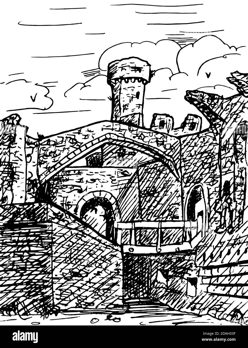 Tours et murs en pierre avec arche au grand château de Conway. Dans la campagne du pays de Galles, Royaume-Uni. Dessin à l'encre. Banque D'Images