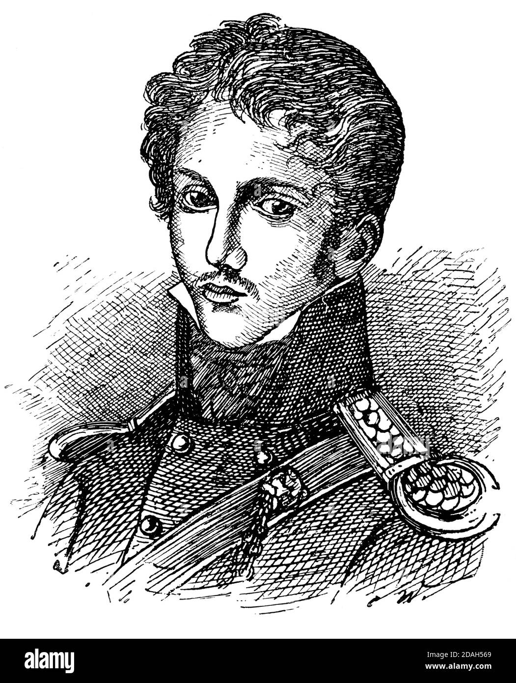 Portrait de Carl Theodor Koerner - poète et soldat allemand. Illustration du 19e siècle. Arrière-plan blanc. Banque D'Images