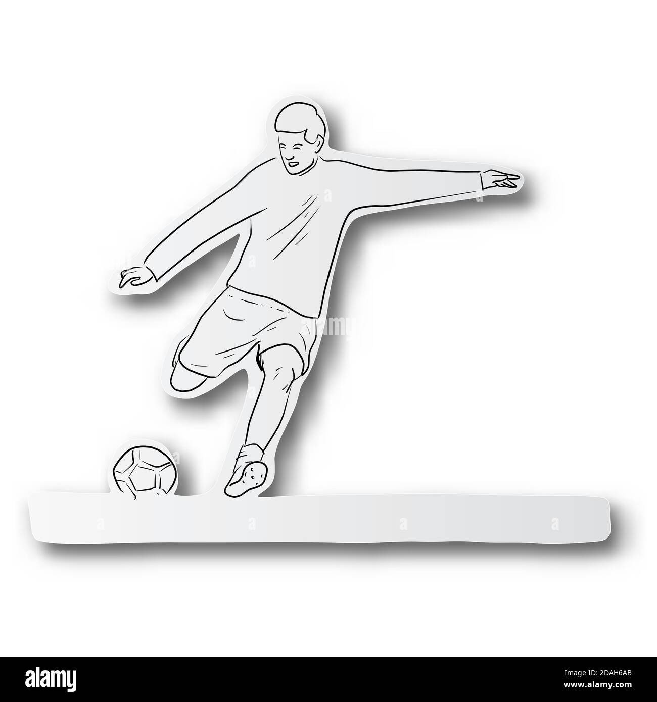 ligne noire tracée à la main du ballon de tir du joueur de football couper le papier avec l'ombre isolée sur fond blanc Illustration de Vecteur