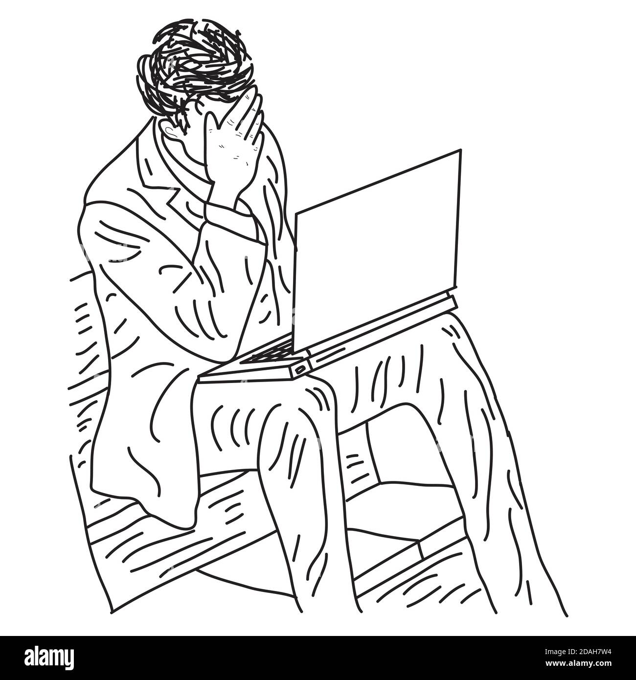 Tiré à la main d'un homme d'affaires stressé avec son ordinateur. Illustration de Vecteur