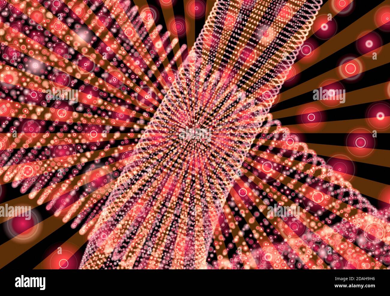 Arrière-plan techno abstrait avec spirales et rayons avec particules brillantes. Banque D'Images