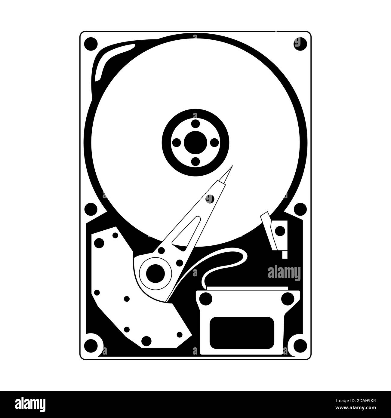 Illustration technique noir et blanc d'un disque dur avec vue de dessus sur fond blanc. Accessoires pour l'ordinateur. Objet vectoriel pour les dessins, sti Illustration de Vecteur