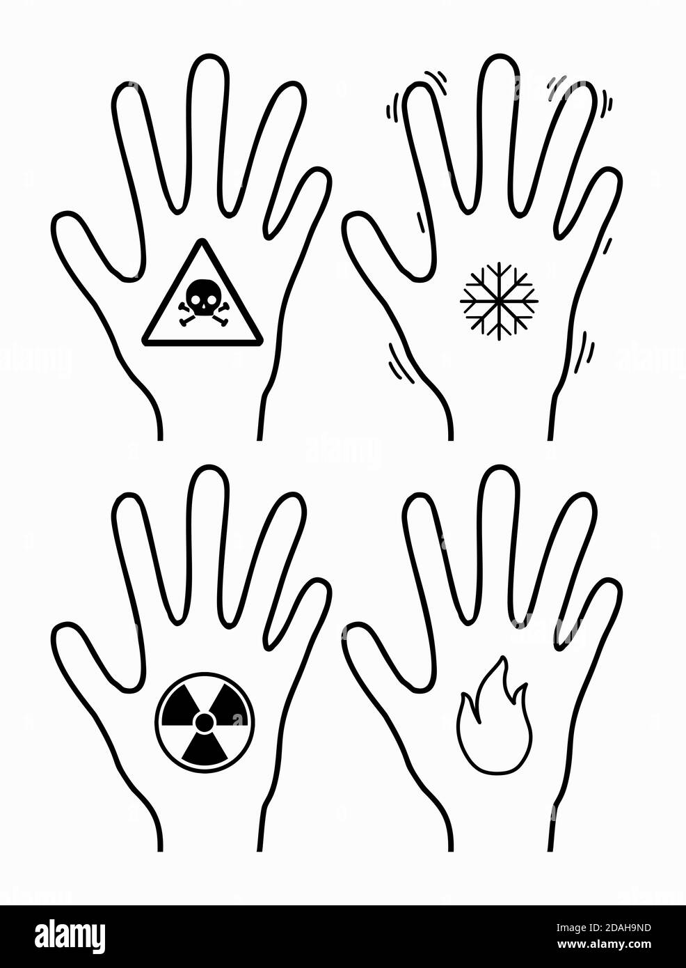 Gelures, brûlures, radiations et empoisonnement des membres. Contour des mains avec un flocon de neige, un feu, un poison et une icône de rayonnement. Objet vectoriel pour ic Illustration de Vecteur