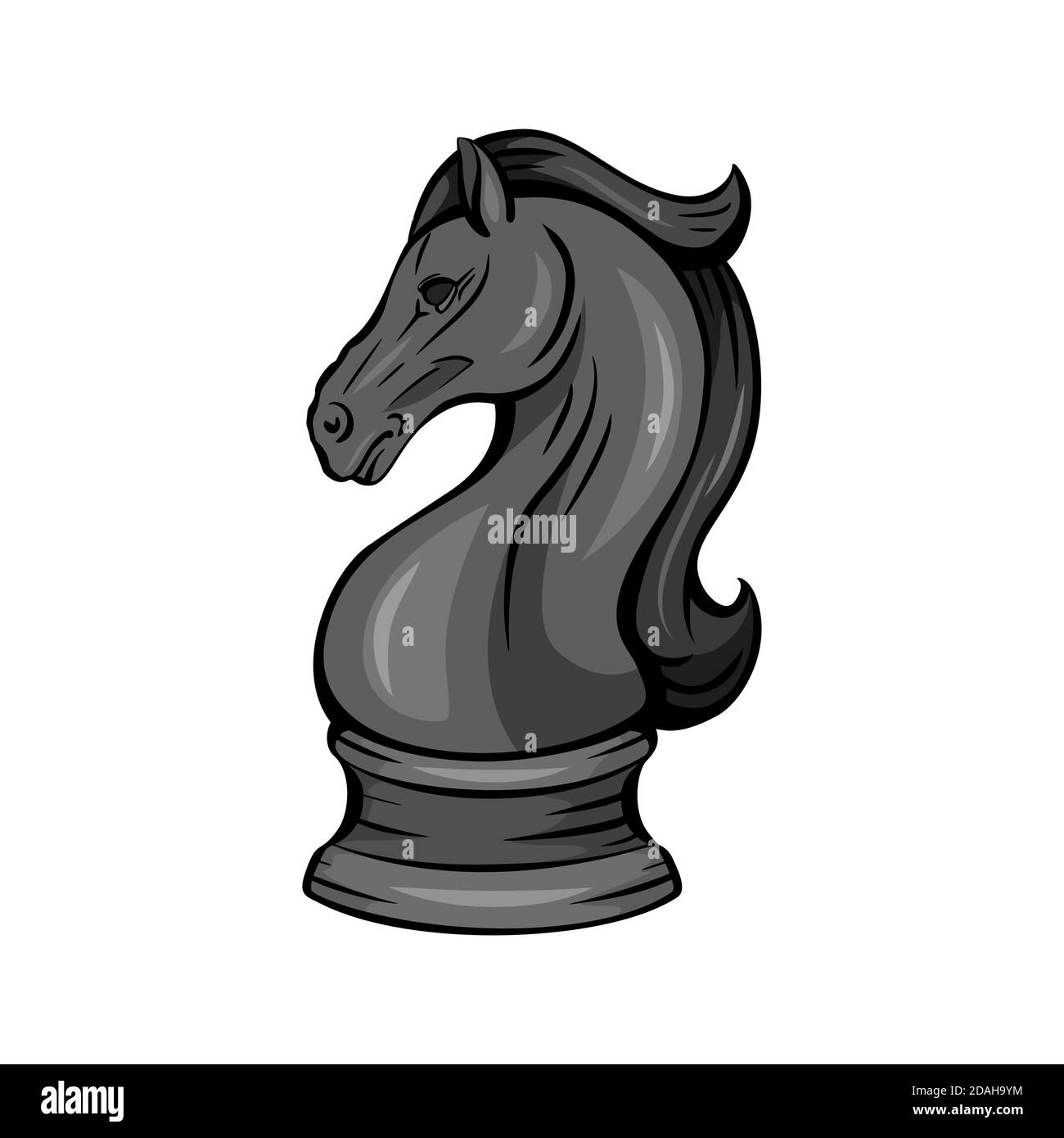 Contour caricature chevalier cheval d'échecs isolé sur fond blanc. Fière mascotte mustang. Symbole de la lecture intelligente. Contour de l'objet coloré pour les logos, les icônes, Illustration de Vecteur