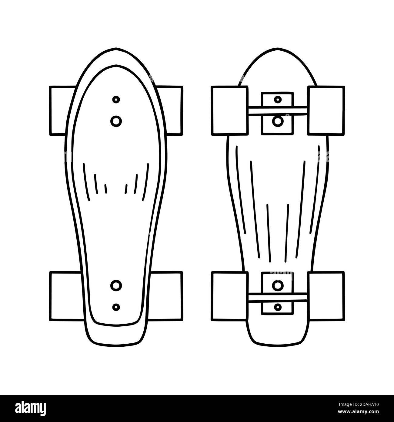 Ensemble d'illustrations de contour d'une vue de dessus et de dessous de planche à roulettes. Mode de vie actif. Loisirs sportifs. Objet de contour vectoriel pour les logos, les icônes, les autocollants et Illustration de Vecteur