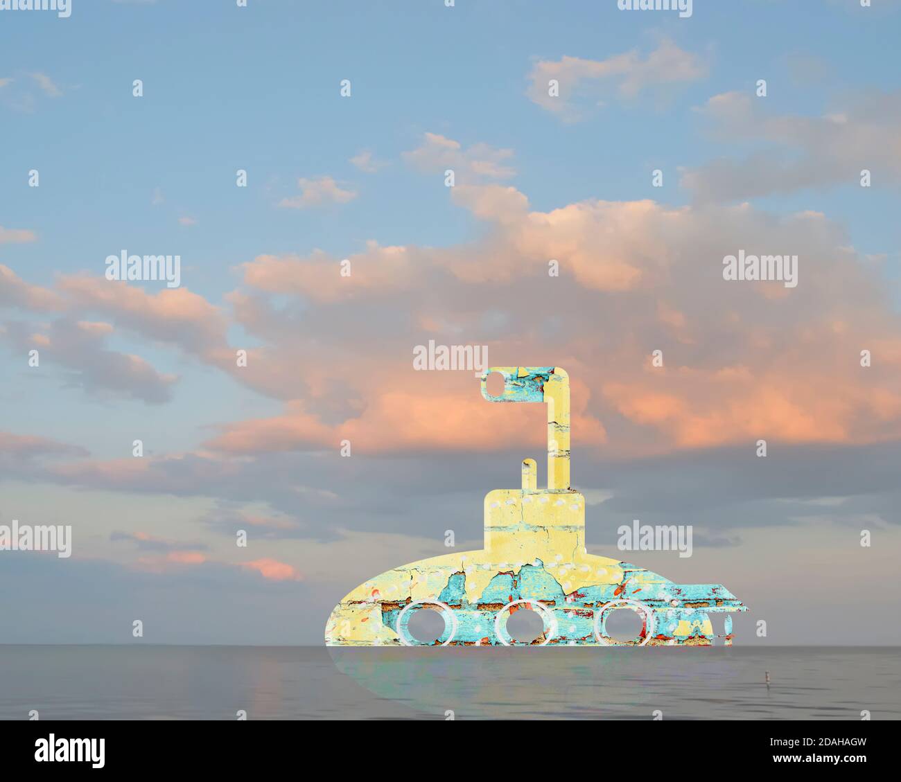 Illustration originale d'un sous-marin jaune au lever du soleil avec des nuages orange pêche dans un ciel bleu de l'heure. Banque D'Images