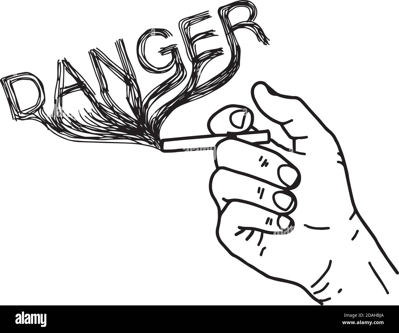 illustration vecteur main dessiner des gribouilles de la main tenant la cigarette avec Mot de fumée DANGER Illustration de Vecteur