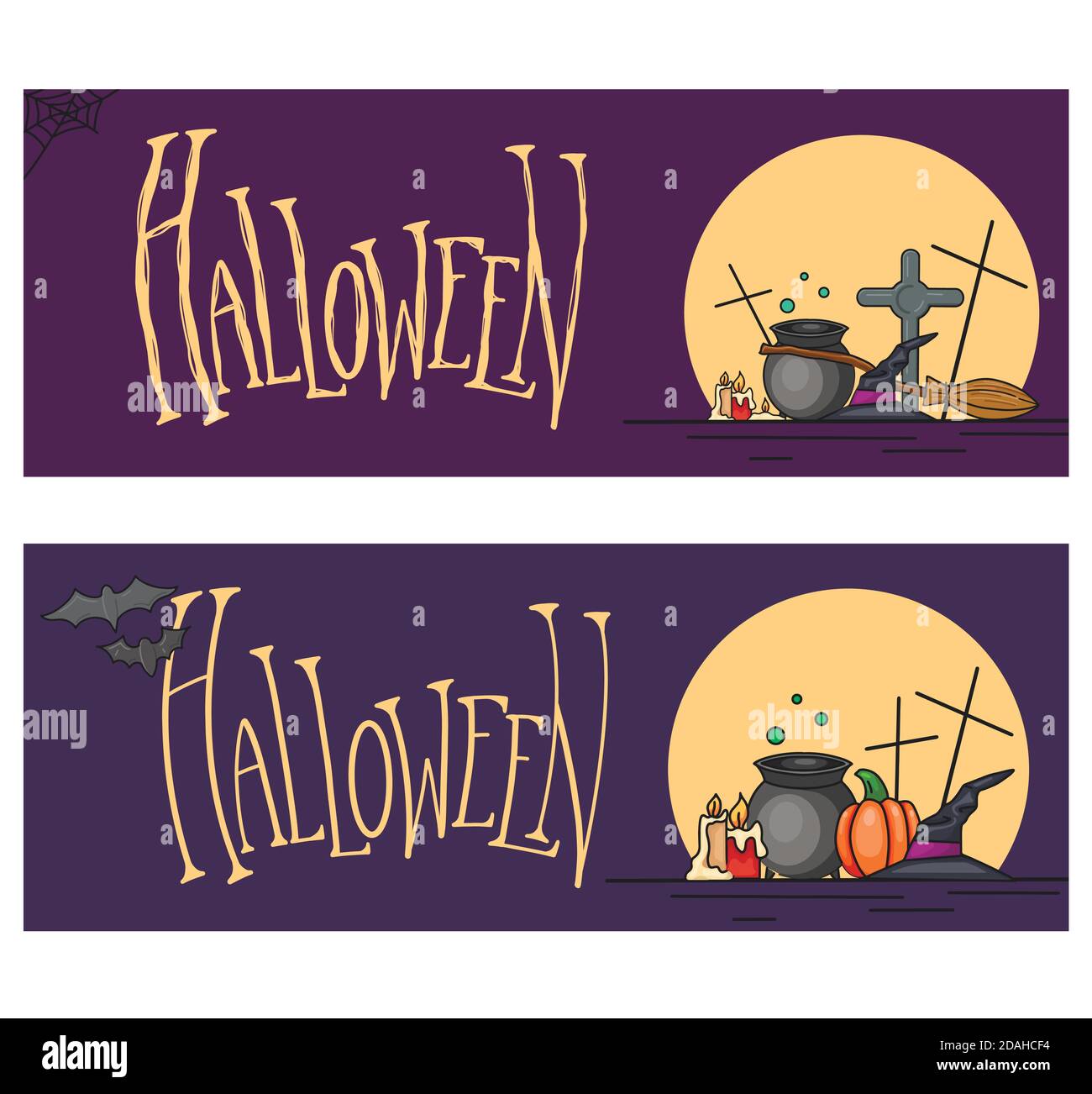 Ensemble de bannières horizontales pour les fêtes d'Halloween avec illustration et lettrage. Dessins animés de sorcière chaudrons, chapeaux, tombstone, citrouilles sur le fond Illustration de Vecteur