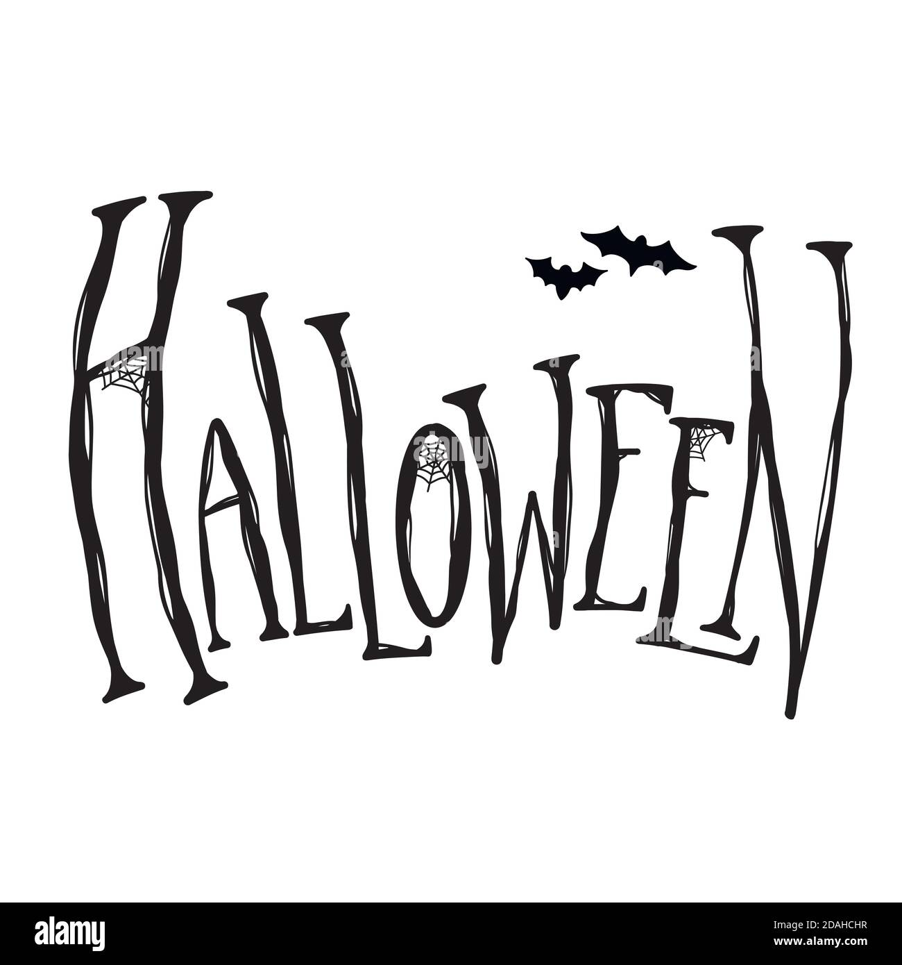 Lettrage Halloween. Inscription calligraphique noire originale avec chauves-souris et toile d'araignée. Vacances mystiques. Mot vectoriel pour bannières, articles, logos et Illustration de Vecteur