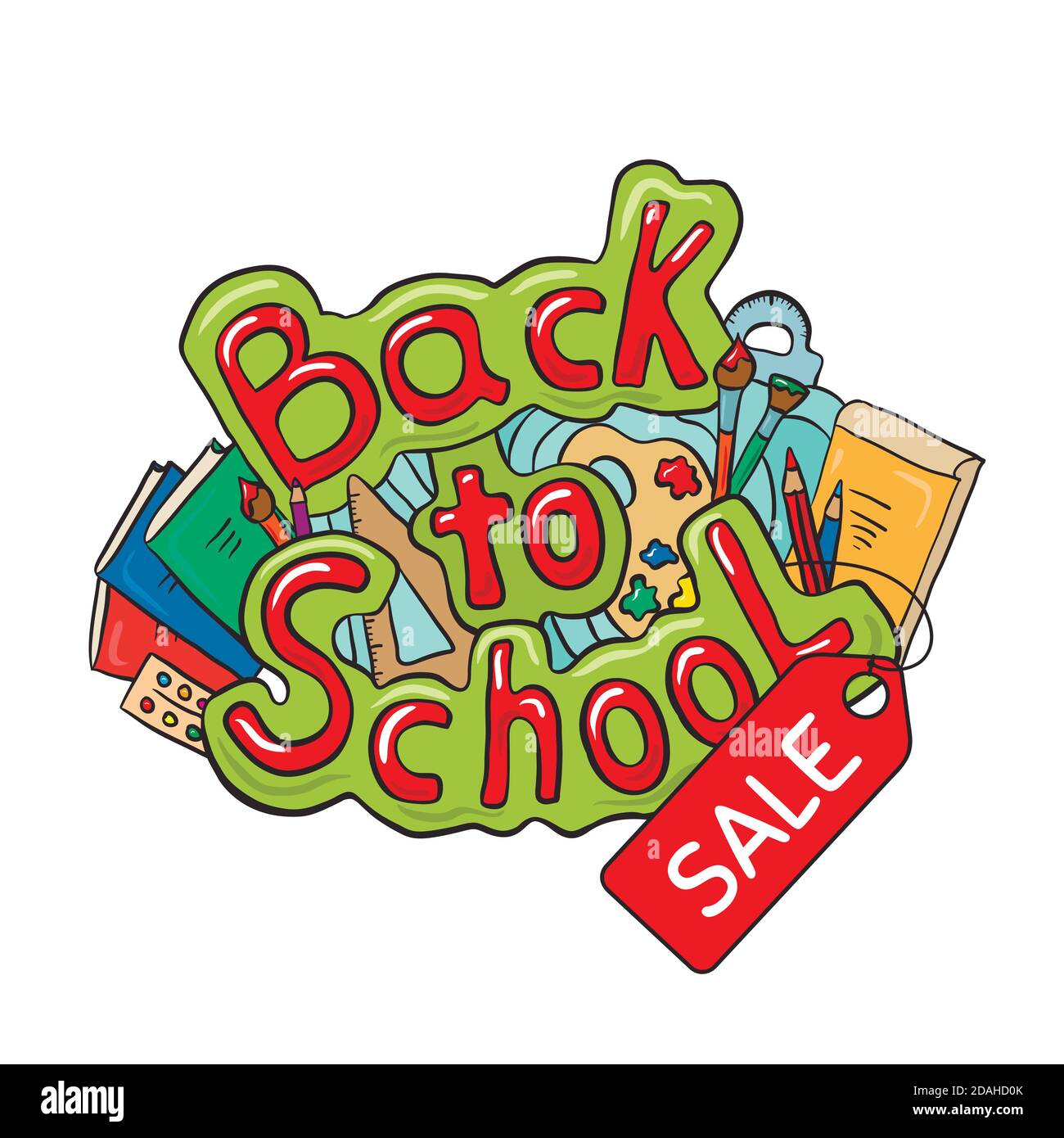 Vente de retour à l'école. Lettres de dessin animé avec papeterie d'école, livres. Offre spéciale et réductions pour les études. Objet vectoriel pour bannières, post Illustration de Vecteur