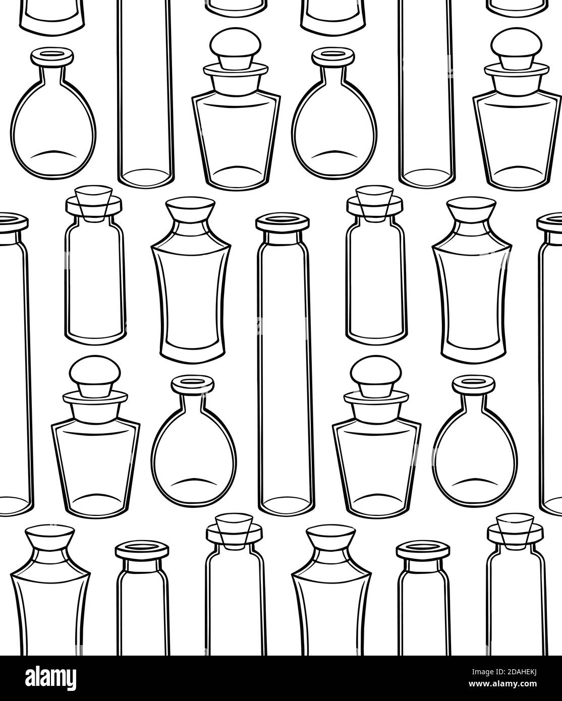 Texture sans couture avec flacons, flacons et bocaux à contour sur fond blanc. Objets magiques de pharmacie. Motif de contour vectoriel pour tissus, fonds d'écran Illustration de Vecteur