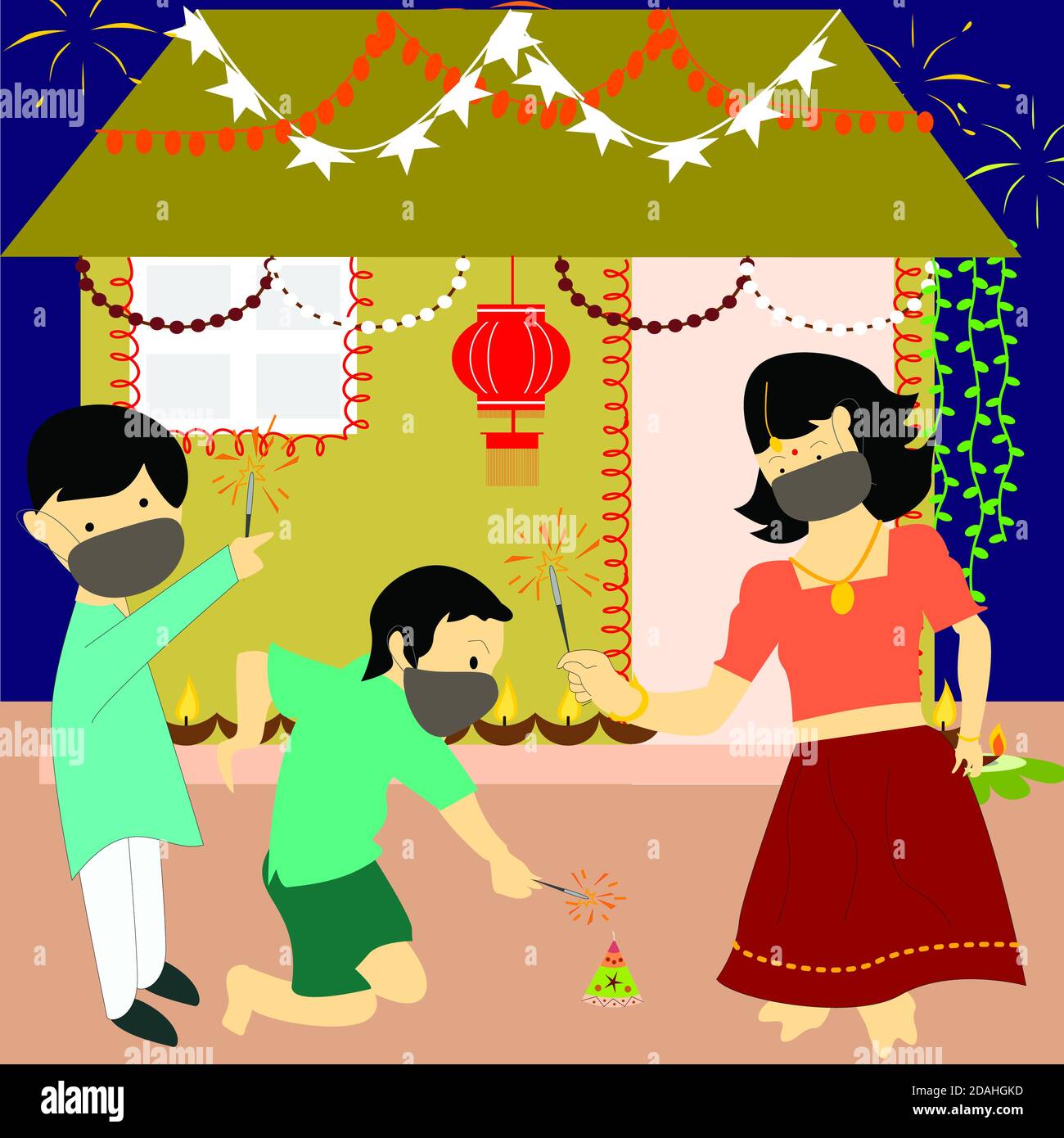 Famille indienne célébrant le festival Diwali avec le port d'un masque médical en raison de la situation du coronavirus, Covid-19. Banque D'Images