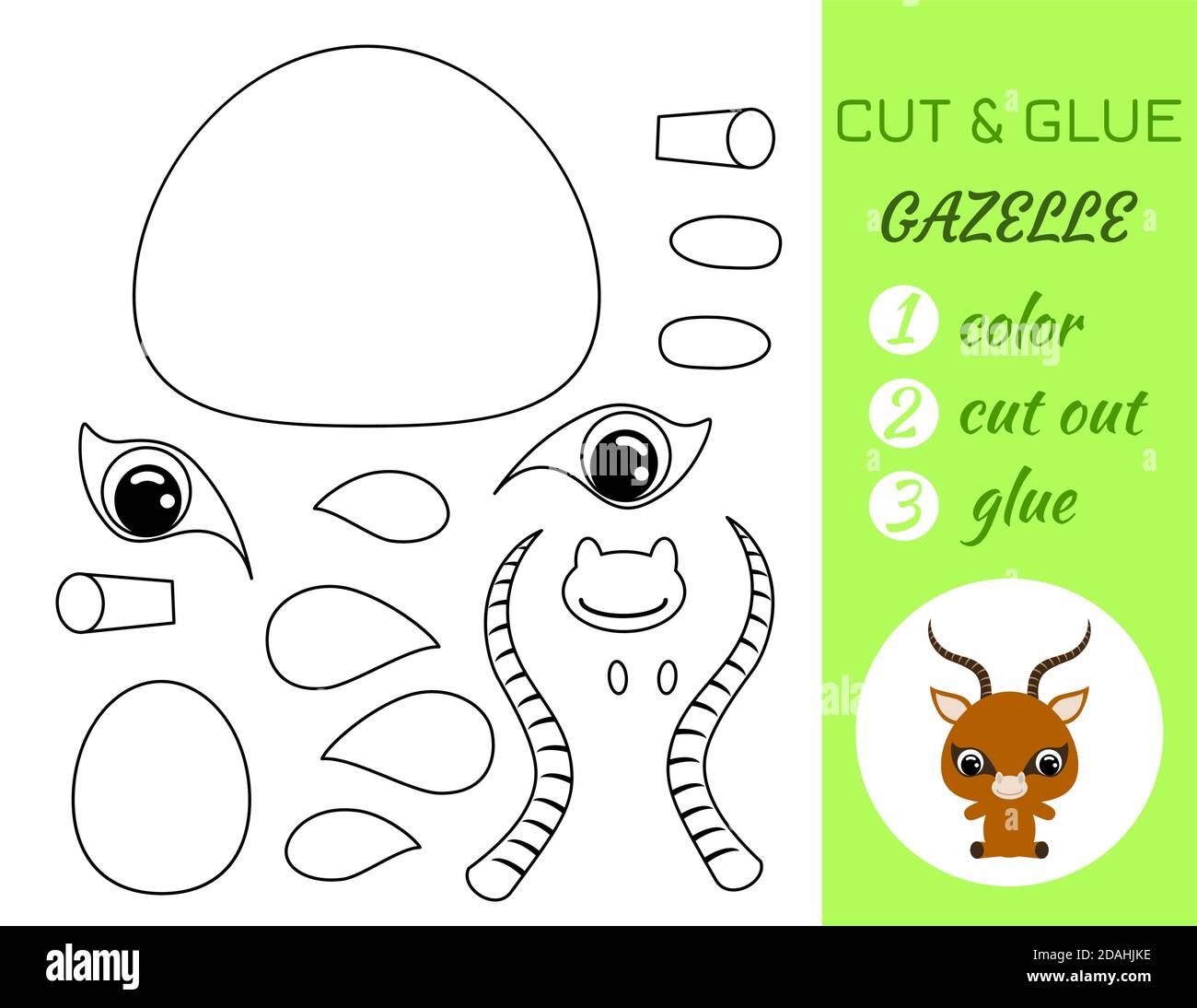 Simple jeu éducatif coloriage page coupée et colle bébé gazelle assis pour les enfants. Jeu de papier éducatif pour les enfants d'âge préscolaire. Couleur, pièces coupées et Illustration de Vecteur