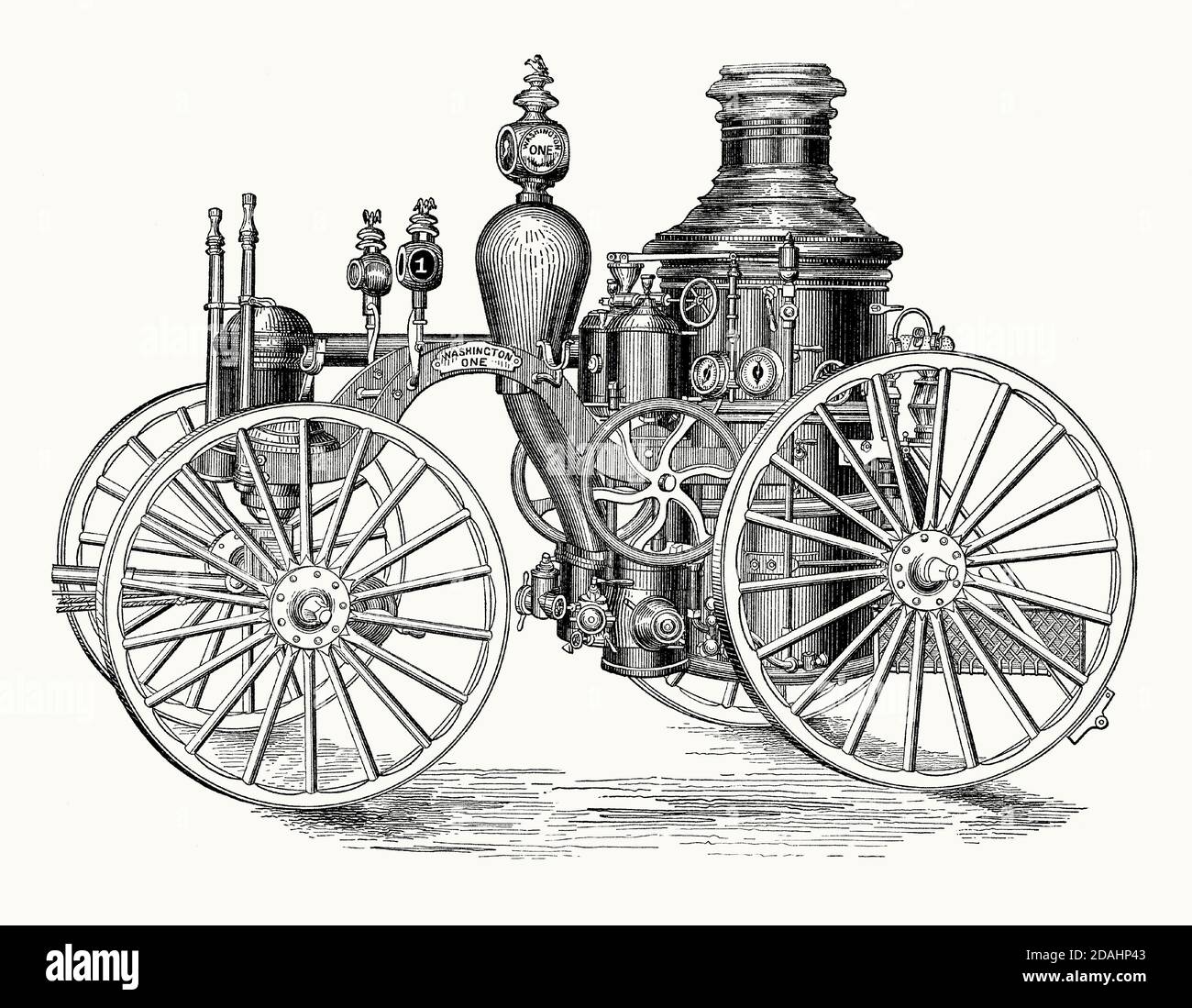 Une ancienne gravure d'un moteur d'incendie à vapeur. Il est issu d'un livre victorien d'ingénierie mécanique des années 1880. Cette machine, « Washington One », a été utilisée par les pompiers de Brooklyn, New York, États-Unis, dans la dernière partie des années 1800. Des moteurs d'incendie de pompe à vapeur ont été utilisés des années 1840 jusqu'au début du XXe siècle pour pomper l'eau vers les tuyaux d'incendie ont mis hors feux. Les grands services d'incendie urbains investiraient dans des brigades d'incendie, ou entreprises de moteurs, pour s'attaquer aux incendies. La machine à vapeur serait un cheval. Les chaudières verticales à allumage rapide, bien que lourdes, étaient des pièces d'appareil efficaces. Banque D'Images