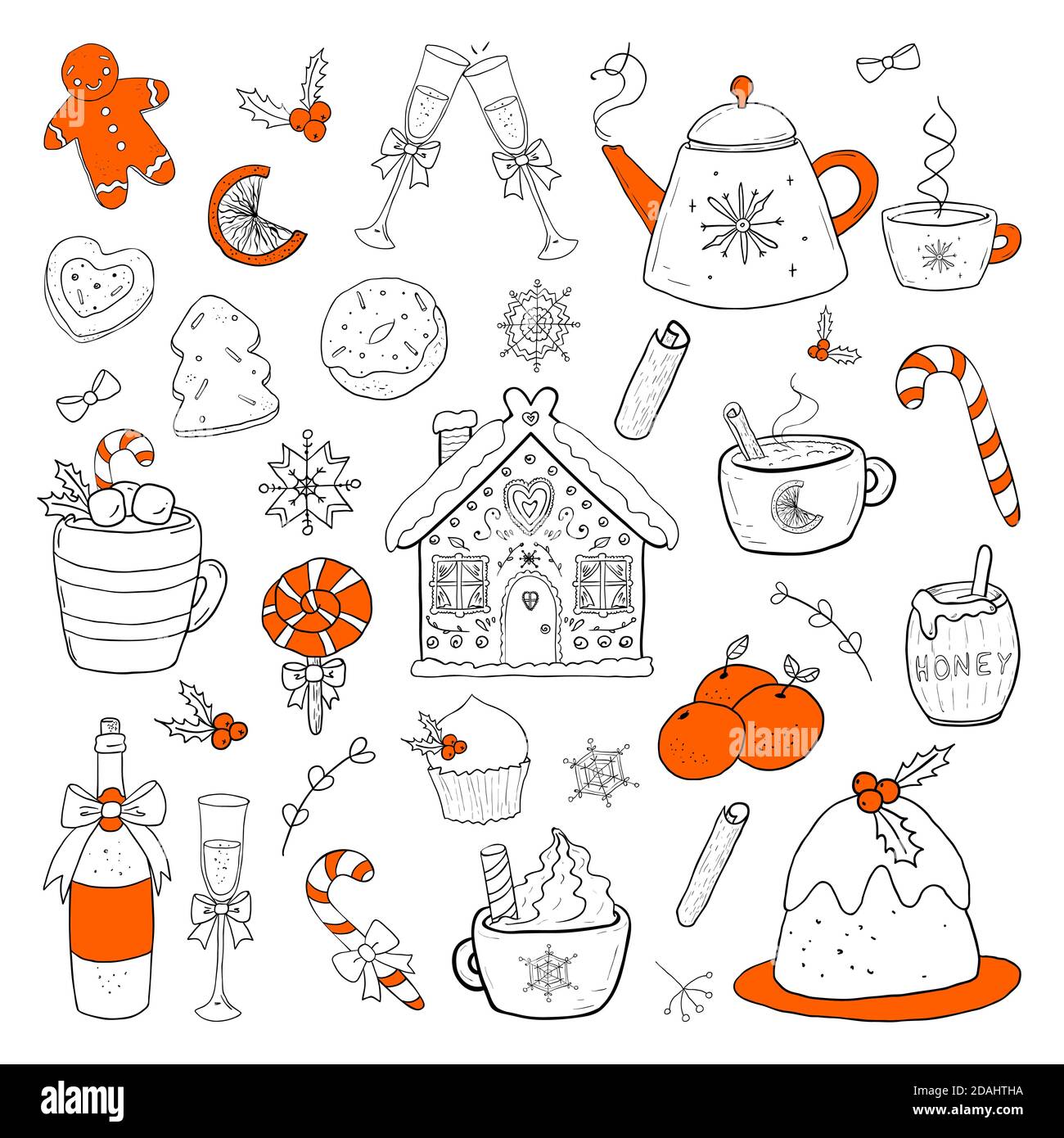 Ensemble de douceurs et boissons de Noël. Illustration vectorielle représentant un aliment de Noël dessiné à la main. Petits gâteaux, maison de pain d'épice, tasses à thé, champagne etc Illustration de Vecteur