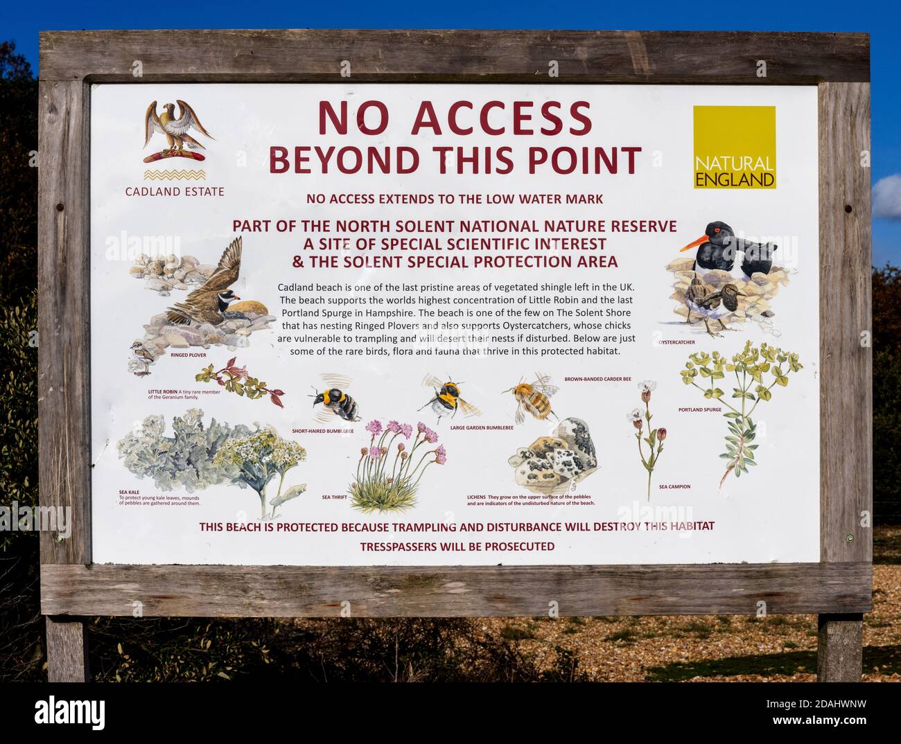 North Solent nature Reserve aucun signe d'accès à la limite de Lepe Beach avec Cadland Beach, Cadland, New Forest, Hampshire, Angleterre, Royaume-Uni. Banque D'Images