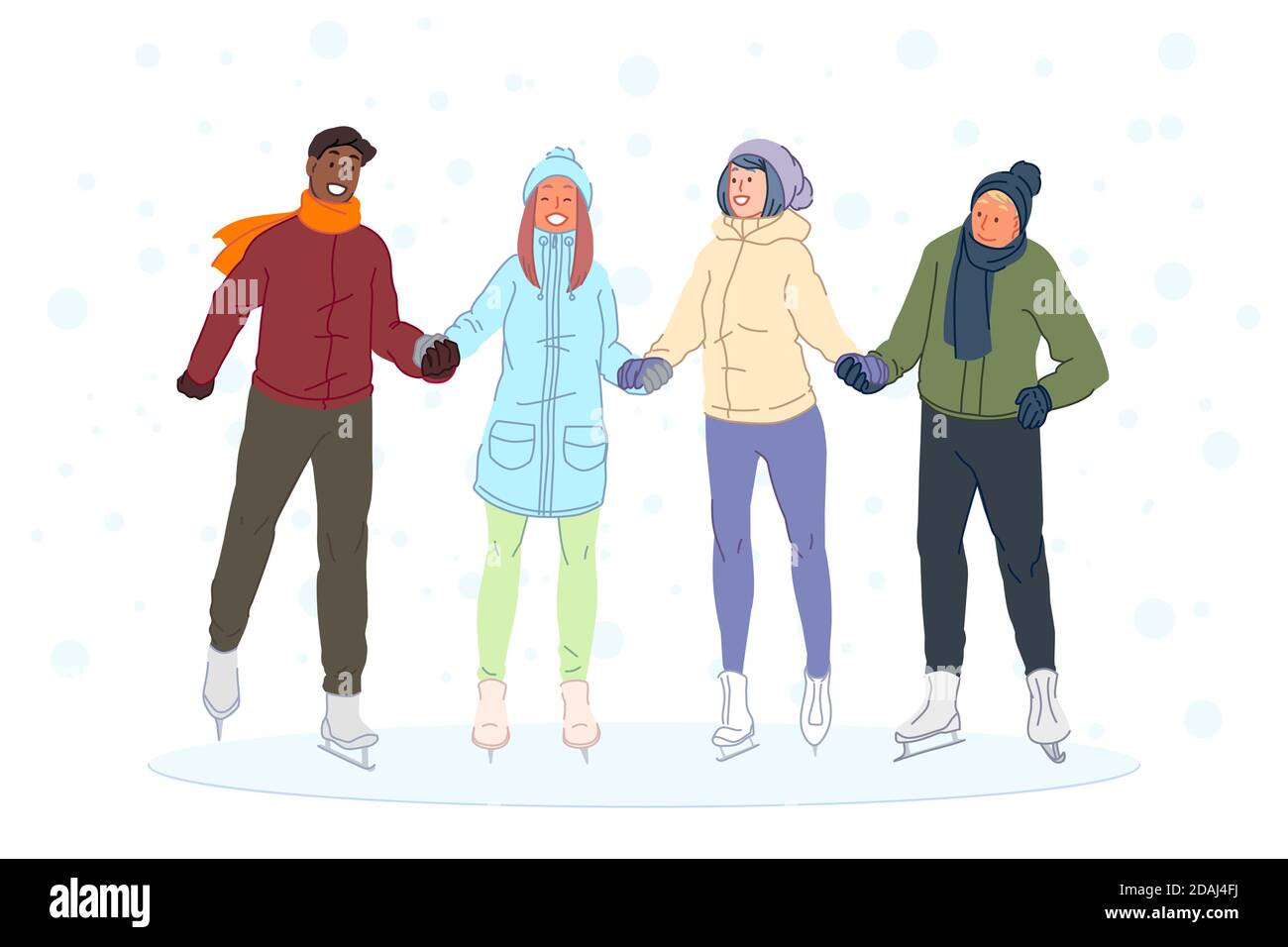 Patinage avec des amis garçons, filles de divertissement d'hiver, concept d'amitié. Illustration de Vecteur