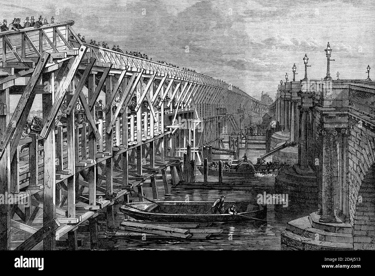 Pont temporaire sur la Tamise à Blackfriars, Londres, Angleterre, 1864. Illustration ancienne. 1867. Banque D'Images