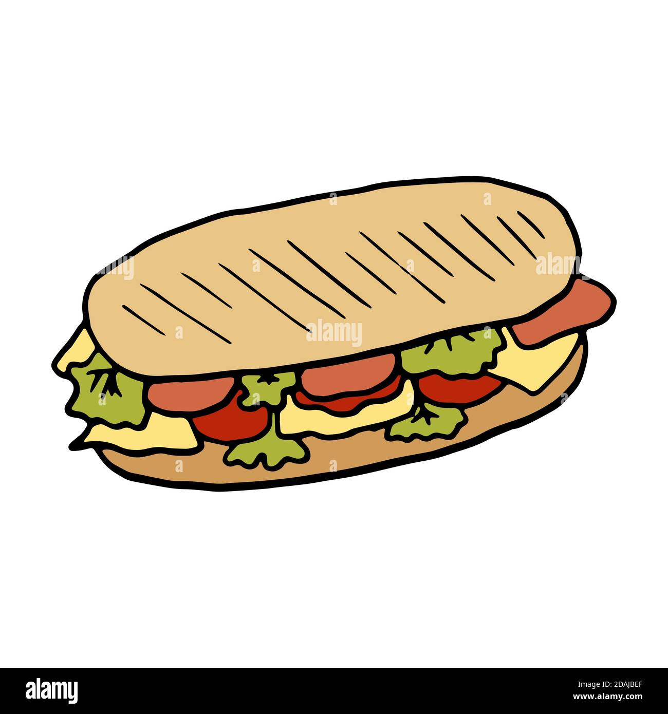 Panini cuisine traditionnelle italienne. Style d'esquisse dessiné à la main. Illustration vectorielle colorée isolée sur fond blanc pour le menu du restaurant et le forfait de Illustration de Vecteur