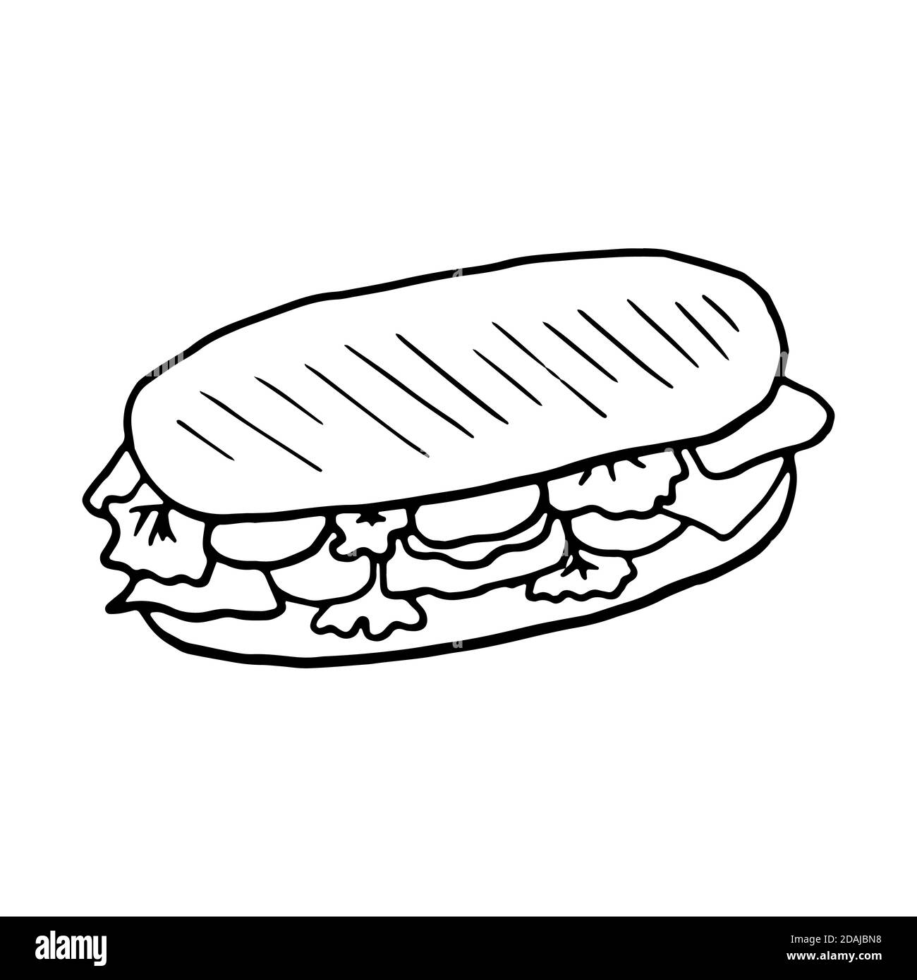 Panini cuisine traditionnelle italienne. Style d'esquisse dessiné à la main. Illustration vectorielle isolée sur fond blanc pour le menu du restaurant et la conception du paquet, pos Illustration de Vecteur Panini cuisine traditionnelle italienne. Style d'esquisse dessiné à la main. Illustration vectorielle isolée sur fond blanc pour le menu du restaurant et la conception du paquet, pos Illustration de Vecteur